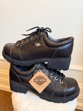 HARLEY DAVIDSON Tia Heeled Clog Lace Up Shoes Leather Black Size 11 BRAND NEW